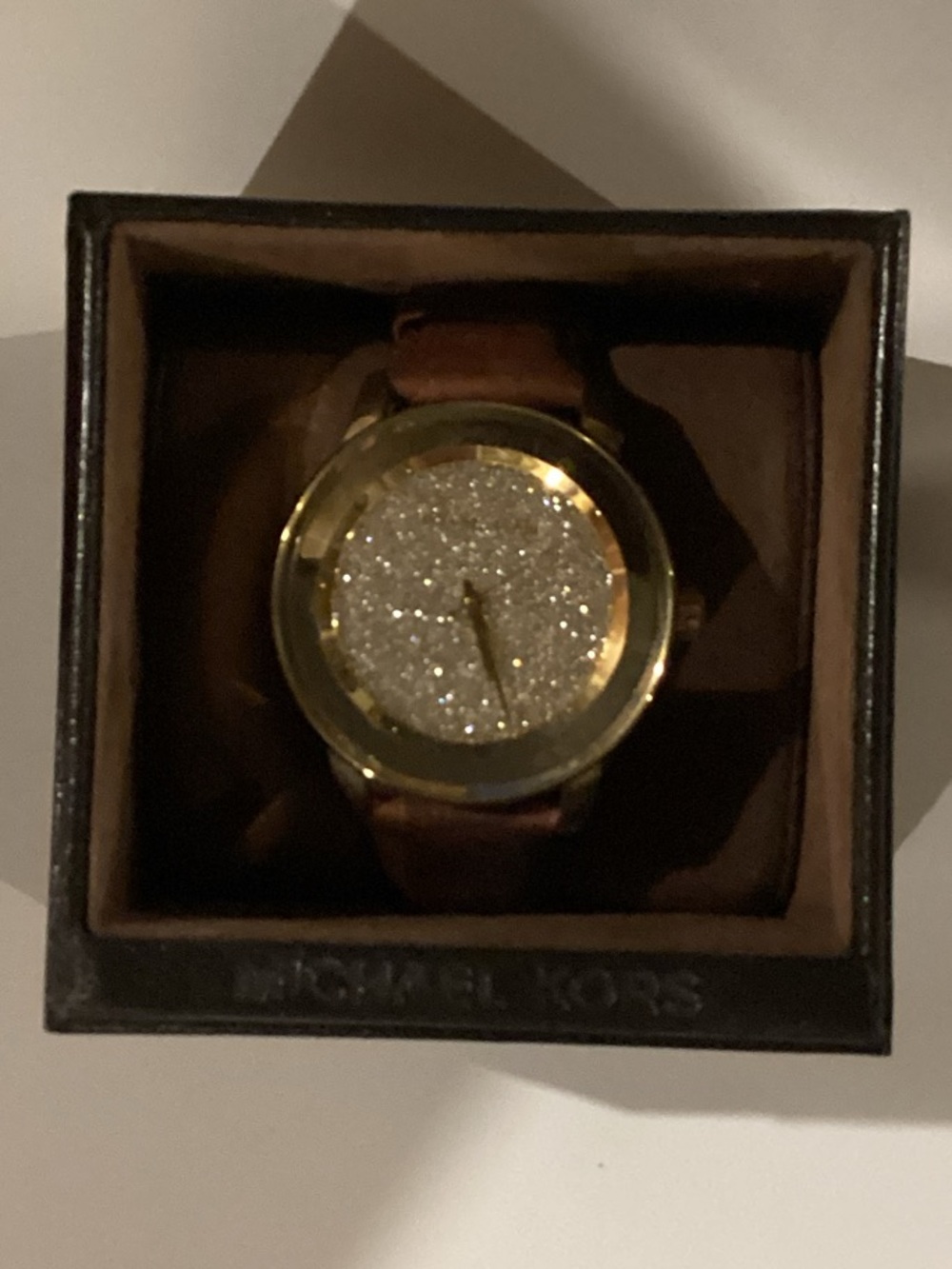 Michael Kors Gold Glitter Dial Brown Leather Strap Watch